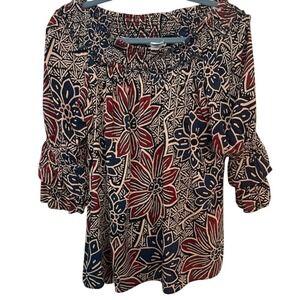 Sky and Sand Floral Smocked Blouse XL Burgundy Navy Rayon Ruffle Sleeve Top